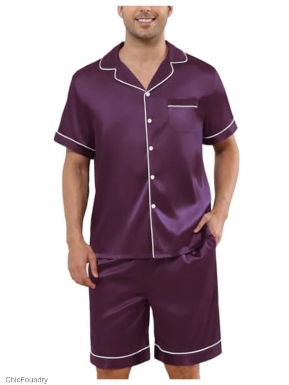 Men's Satin Pajama Set Short Sleeve Sleepwear with Pockets Loungewear